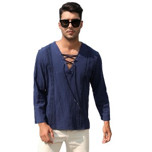 Clearlove Mens Linen Henley Shirts Lace Up Long Sleeve V Neck Casual Lightweight Cotton Hippie Shirts - 1 of 4