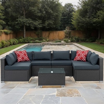 ELJGET 7PCS Patio Rattan Furniture Set Sectional Sofa Cushioned Garden Peacock Blue