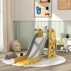 58.70”Qaba Toddler Slide, 3 in 1 Slide for Kids Ages 1-3 Years, Indoor Slide with Basketball Hoop, Climber, Duck Pattern, Yellow - 1 of 4