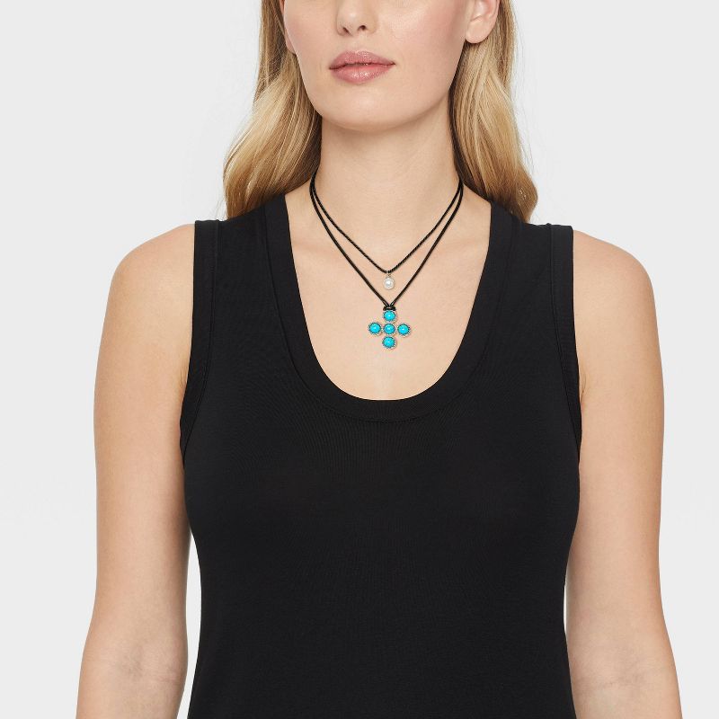 Corded Cross and Pearl Pendant Necklace Set 2pc - Wild Fable&#8482; Black/Turquoise, 3 of 6