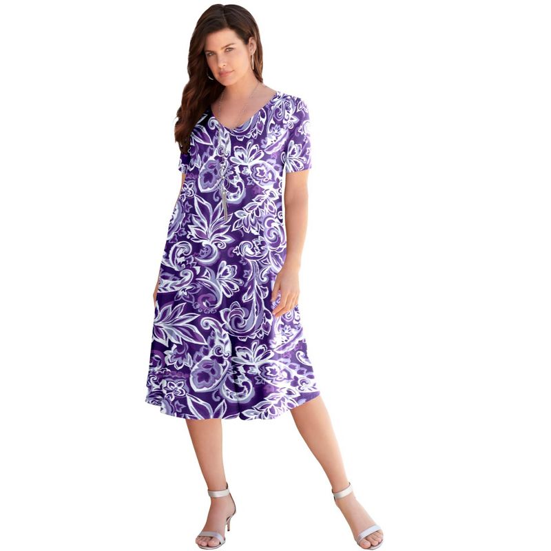 Roaman's Women's Plus Size Petite Ultrasmooth® Fabric V-Neck Swing Dress, 1 of 2