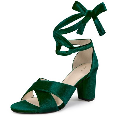BLISSFUL STEP Women's Cross Strap Chunky Heel Lace Up Heeled Sandals
