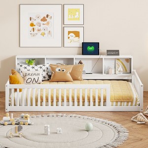 Gulches Twin XL Size Wood Floor Bed with Storage Cabinets, USB Ports & Semi-enclosed Fence, White - 1 of 4