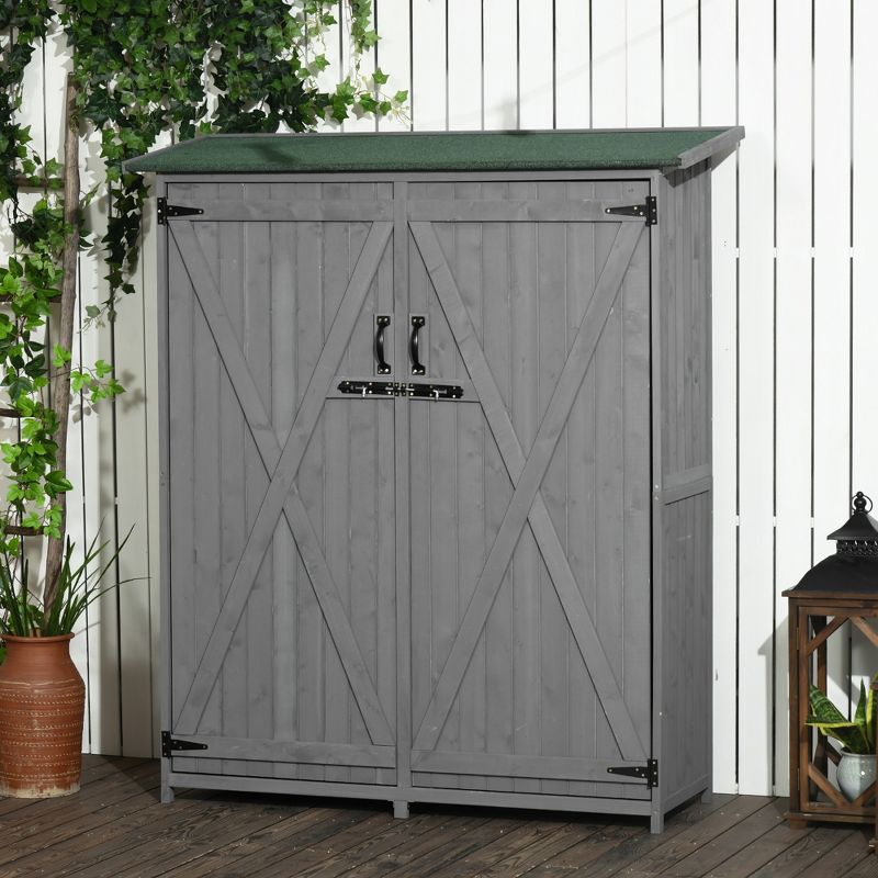 Outsunny Outdoor Storage Cabinet Wooden Garden Shed Utility Tool Organizer with Waterproof Asphalt Rood, Lockable Doors, 3 Tier Shelves for Lawn, Backyard, 3 of 7