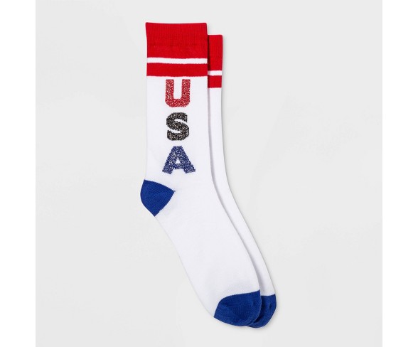 Women's USA Sparkle Crew Socks - White One Size