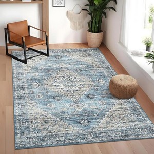Washable Vintage Rug Distressed Floral Print Retro Accent Mat Non Slip Low Pile Carpet for Large Spaces Bedroom - 1 of 4