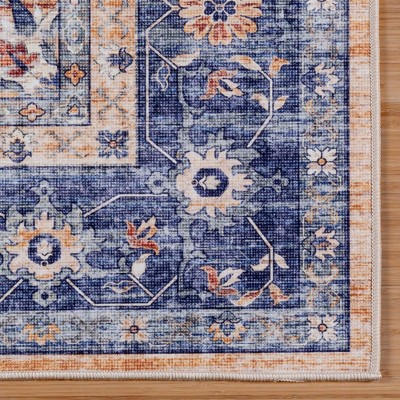Soha Multi Blue Traditional Medallion Washable Area Rug 6' x 9'