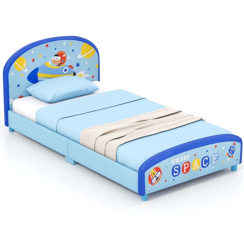 Honeyjoy Children Twin Size Upholstered Platform Single Bed with Headboard & Footboard Blue, 1 of 11