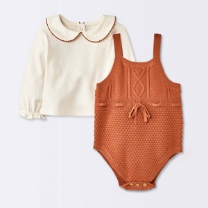 Baby Girls' 2pc Sweater Romper Set - Cloud Island™ Brown - 1 of 4