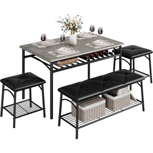 Dining Table Set for 4 with Storage Rack, Kitchen Table w/Upholstered Bench & 2 Chairs, Kitchen Table & Chairs Set for Small Space, Apartment - 1 of 4