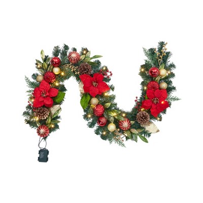 6FT Pre-Lit Christmas Garland with 20 LED Lights, Red & Gold Ornaments, Bows, Battery Operated for Indoor/Outdoor