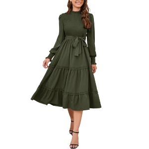 Women's Ruffle Mock Neck Long Sleeve Smocked Midi Dress Casual Elastic Waist Tiered Long Dress - 1 of 4