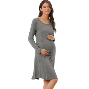 cheibear Womens Casual Round Neck Maternity Long Sleeve Loungewear Dress with Pockets - 1 of 4