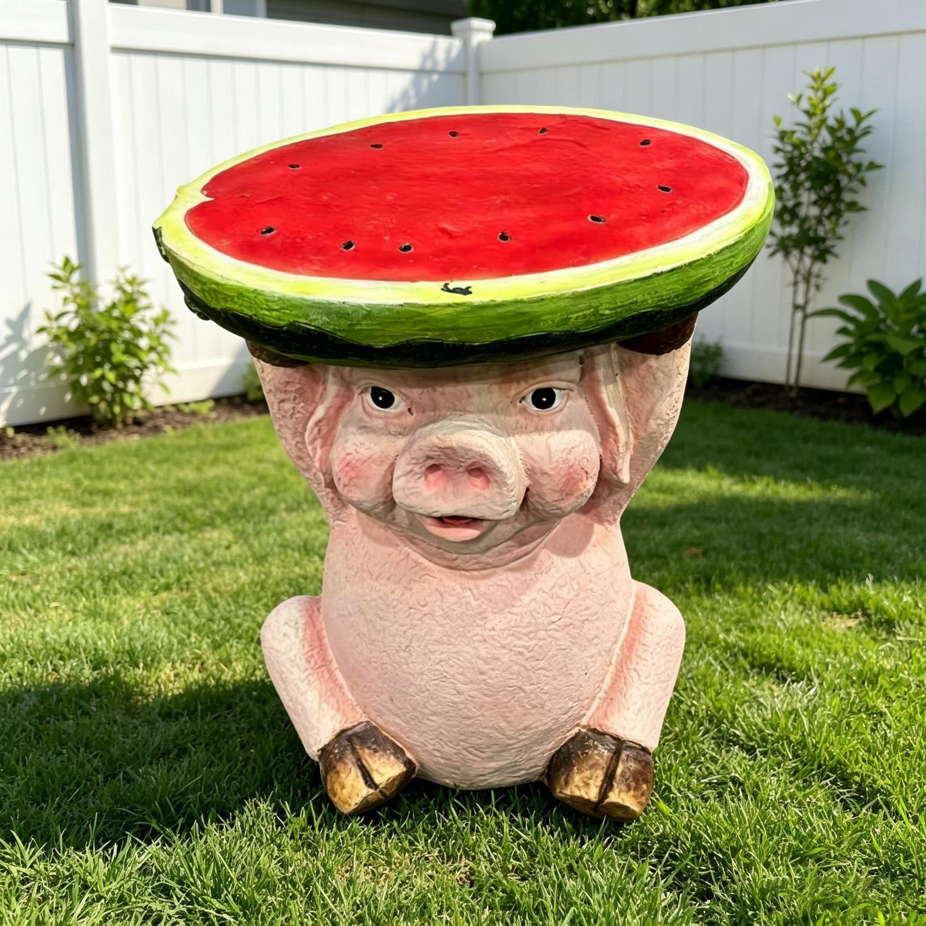 GDFStudio Jaliyah Pig Figurine Outdoor Side Table with Watermelon Top, Green/Pink