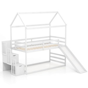 Infans Loft Bed w/ Slide & Storage Staircase Twin Over Twin House-shaped Bunk Bed White - 1 of 4