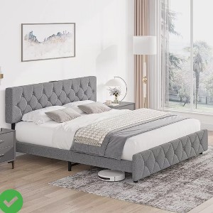 Full Bed/Queen Size Frame w/ Charging Station Wooden Platform w/ Adjustable Headboard Noise Free - 1 of 4