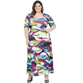 24seven Comfort Apparel Plus Size Multicolor Floral Print Elbow Sleeve Casual A Line Maxi Dress