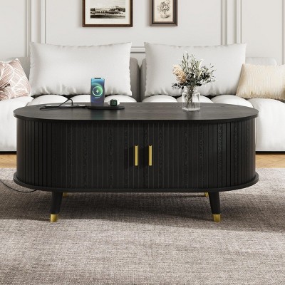 Coffee Table with Storage and USB Ports,42" Oval Fluted Wood Table with Tambour Doors and Solid Wood Legs for Living Room-Maison Boucle