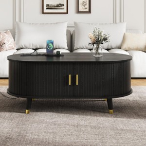 Coffee Table with Storage and USB Ports,42" Oval Fluted Wood Table with Tambour Doors and Solid Wood Legs for Living Room-Maison Boucle - 1 of 4