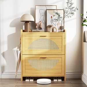 Rattan Shoe Storage Cabinet with 2 Flip Drawers, Free Standing Wooden Shoe Storage Organizer Cabinet - 1 of 4