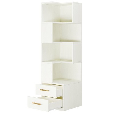Tribesigns 5-Tier Corner Bookshelf with 2 Drawers, 66.93-Inch Tall Bookcase Shelf, Modern Corner Storage Cabinet Display Rack Shelf