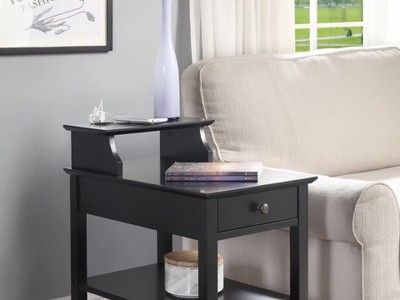 Black Wood Rectangular Side Table with USB Charging Dock
