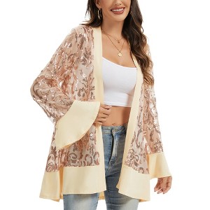 Anna-Kaci Women’s Sequin Mesh Cardigan with Sheer Embellished Sleeves and Flowing Open Front Design for Layering Style - 1 of 4