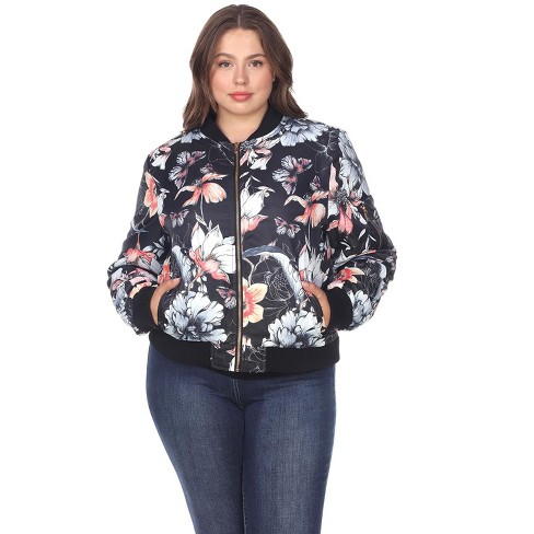 Women's Plus Size Floral Bomber Jacket Black 1x - White Mark : Target