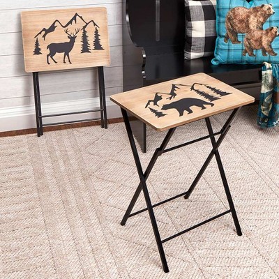 Brown Folding Table with Bear and Mountain Design