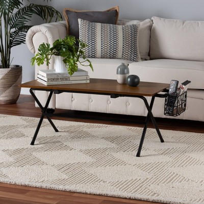 Mariela Natural Brown and Black Rectangular Coffee Table with Basket