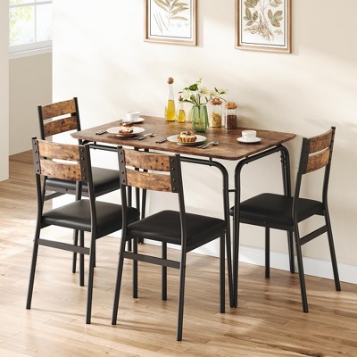 Garvee 5-Piece Farmhouse Dining Set for 4, Industrial Modern Wood Table & Upholstered Chairs, Rectangle Kitchen Dinette Furniture, Retro Brown