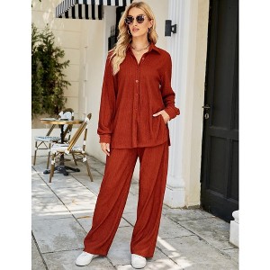 WhizMax Women Two Piece Casual Outfits Y2K Loungewear Pleated Wide Leg Pants Long Sleeve Button Down Shirt Streetwear Set - 1 of 4