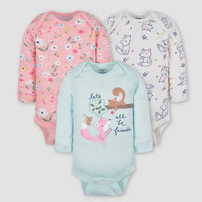 Image of Gerber Baby Girls' 3pk Fox Long Sleeve Onesies - White/Orange/Light Blue