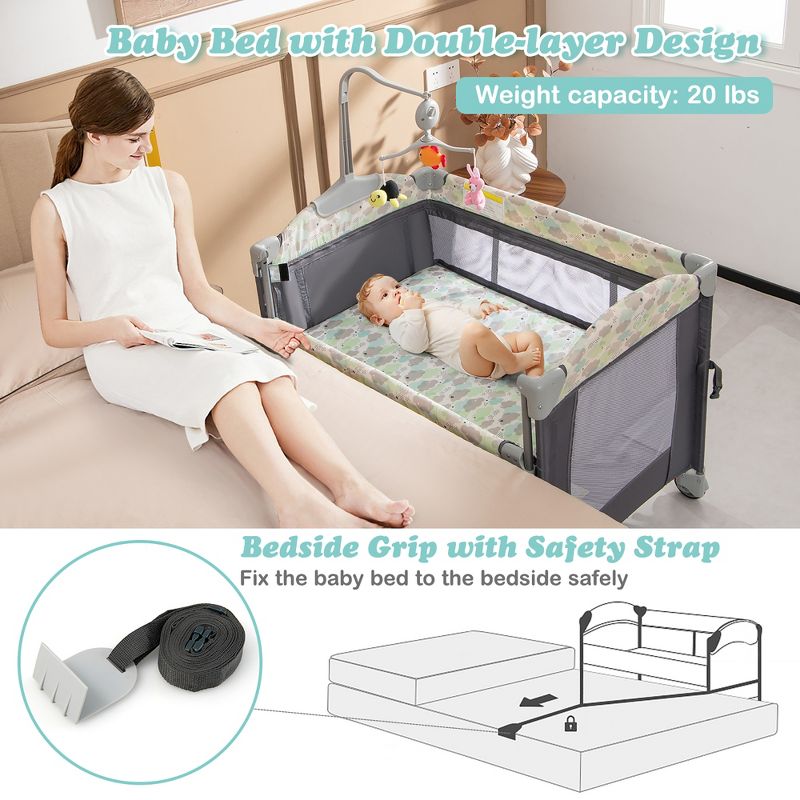 Costway 5-in-1 Baby Beside Sleeper Bassinet Portable Crib Playard w/Diaper Changer, 5 of 11