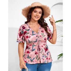 Coolmee Women's Plus Size Shirts V Neck Front Drawstring Casual Tunic Tops Short Sleeve Tightened Waist Floral Print Swing Blouse 4XL Pink - 1 of 4