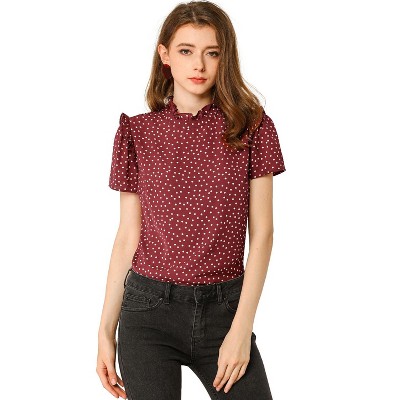 Allegra K Women's Ruffled Retro Short Sleeve Office Polka Dots Blouses