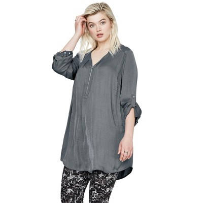 Ellos Women's Plus Size Zip-front Sateen Tunic - S, Gunmetal : Target