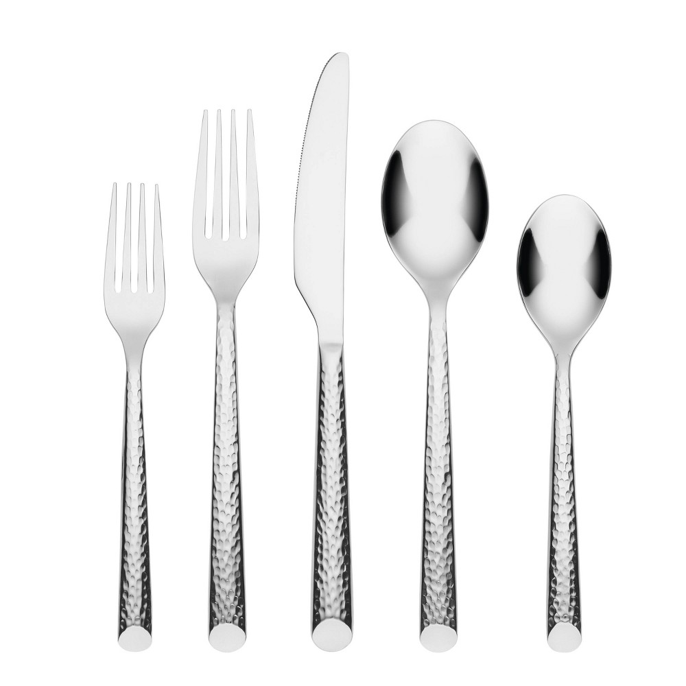 Cambridge Silversmiths 20pc Elsa Hammered Mirror Flatware Set: Stainless Steel Silverware Service for 4, Modern Design
