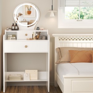 Hyleory Small Make Up Vanity Desk with 15.7 Inch Round Mirror and Light, Two Drawers Included - 1 of 4