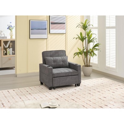 34.26"W Faux Leather/Linen/Tech Cloth Upholstered Convertible Pull Out Sleeper Sofa Bed with USB Ports, Cup Holders and Side Pockets, 4L -ModernLuxe
