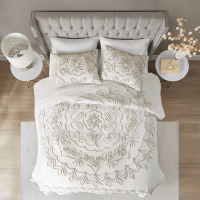 Full/Queen 3pc Valeria Cotton Chenille Coverlet Set Ivory/Taupe