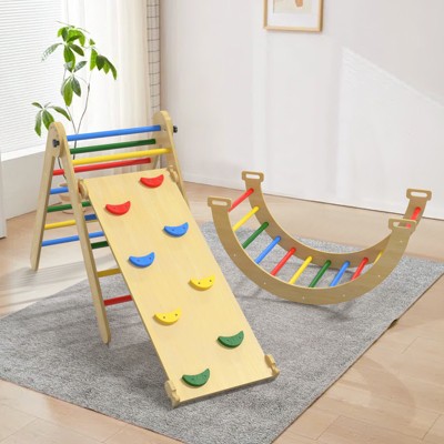 Huxxion 3 in 1 Pikler Triangle Set, Wooden Jungle Gym, Climbing Toys for Toddlers 1-3 Inside (Round-Rainbow)