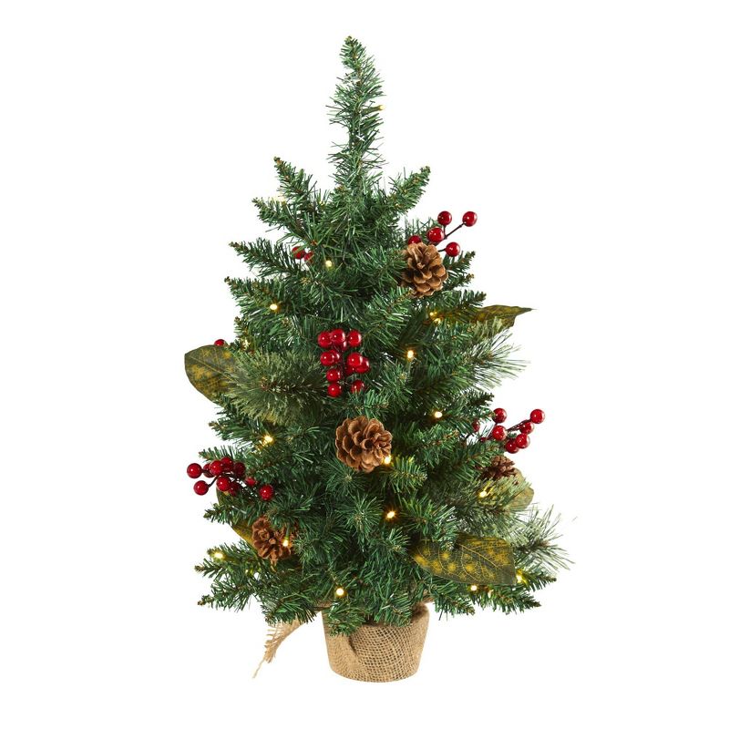 2ft Nearly Natural Pre-Lit LED Pine with Pinecones and Berries Artificial Christmas Tree Clear Lights, 1 of 9