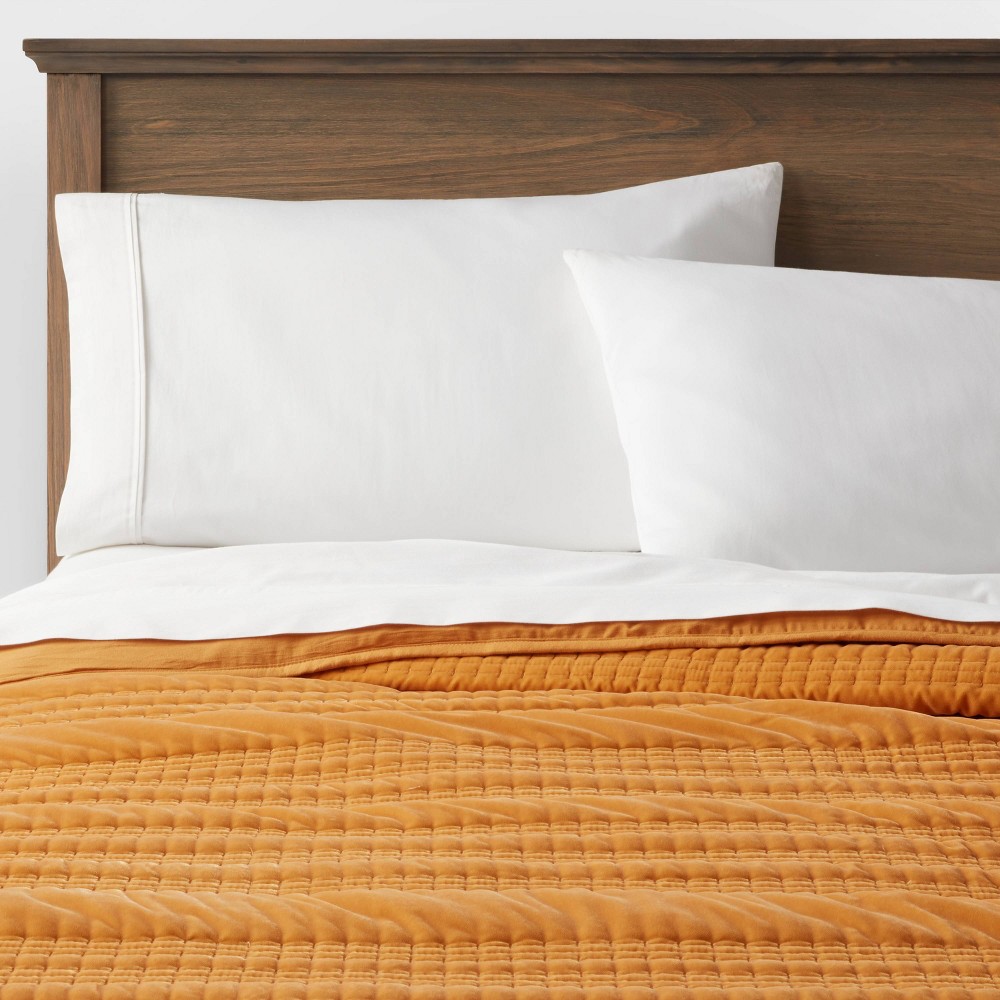 Full/Queen Lofty Velvet Quilt Dark Gold - Threshold™: Machine Washable, OEKO-TEX Certified, Polyester Fill