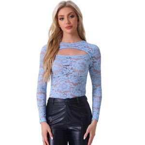 INSPIRE CHIC Women's See-Through Cut Out Long Sleeve Fitted Lace Floral Top - 1 of 4