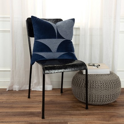 20" Navy Blue Cotton Embroidered Geometric Throw Pillow