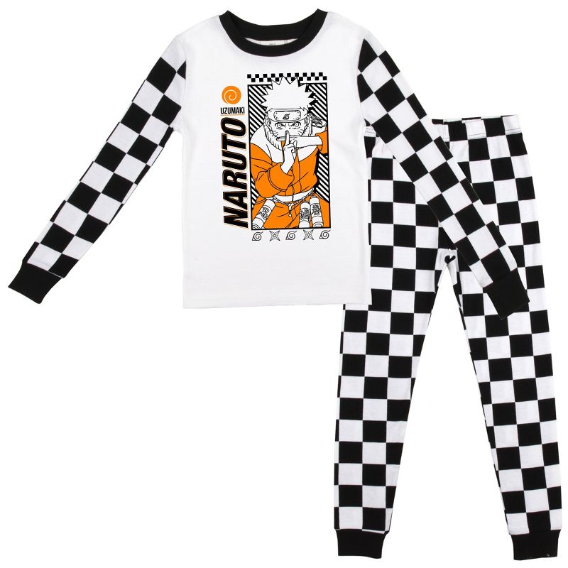 Naruto Classic Black and White Checker Pattern Youth Boy's Long Sleeve Pajama Set, 1 of 4