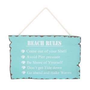 Beachcombers 11.25" x 12.5" Teal "Beach Rules" Nautical Beach Funny Pun Quip Cute Satire Decorative Wall Hanging Sign - 1 of 2