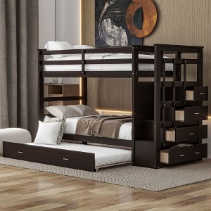 NicBex Twin over Twin Bunk Bed Triple Wood Bed Frame with Wheels, Storage Stairs and Full Length Guardrail, No Box Spring Required - 1 of 4