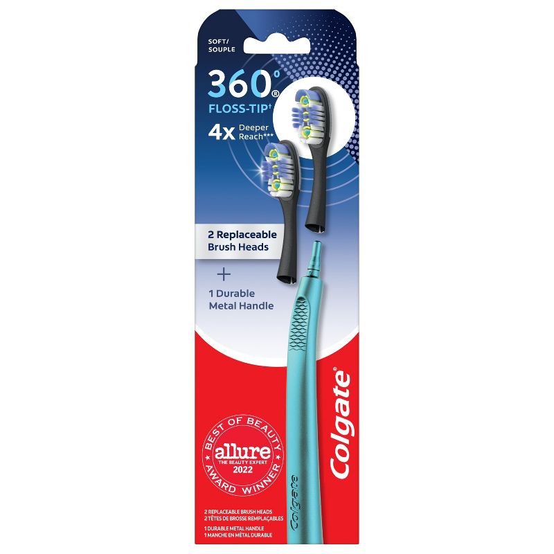Colgate 360 Floss Tip Toothbrush with Metal Handle and 2 Replaceable Brush Heads - Trial Size - Blue, 1 of 10